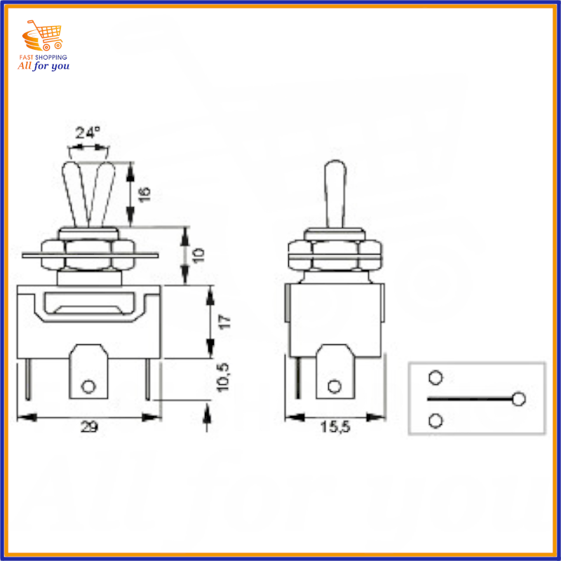 Schema tecnico e dimensioni in mm del deviatore a leva unipolare ON-OFF-ON con attacco Faston 6.3mm.