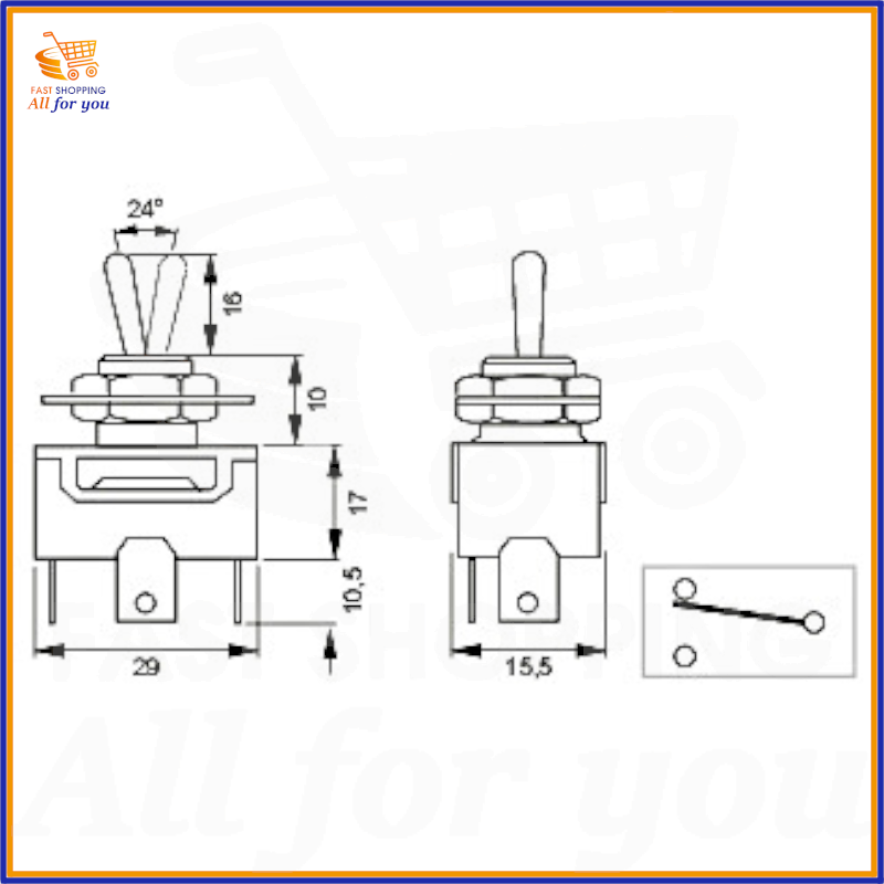 Schema tecnico e dimensioni in mm del deviatore a leva unipolare ON-ON con attacco Faston 6.3mm.