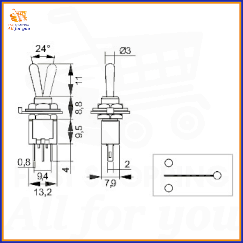 Schema tecnico e dimensioni in mm del micro interruttore deviatore miniatura ON-OFF-ON a 3 pin.