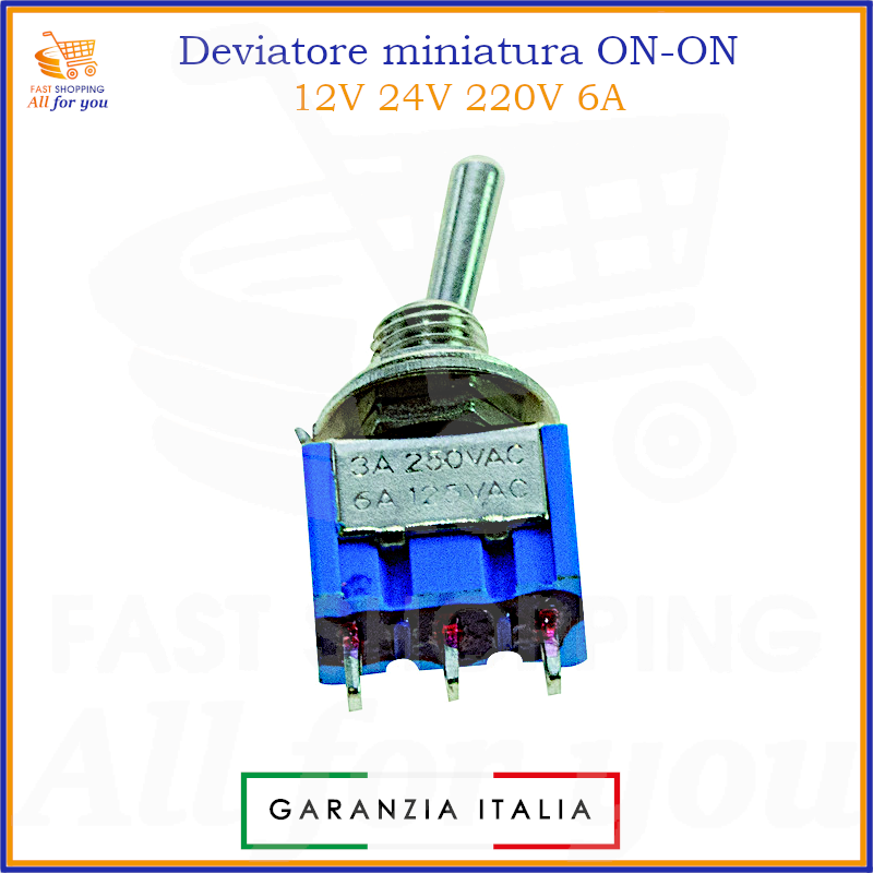 Deviatore miniatura ON-ON a leva 3 pin per circuiti 12V 24V 220V 6A, con terminali a saldare.