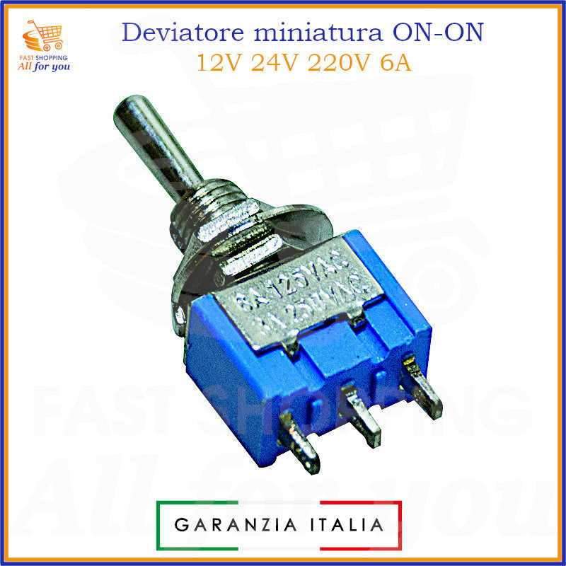 Deviatore miniatura ON-ON a leva 3 pin per montaggio su circuito stampato (PCB), compatibile 12V 24V 220V 6A.