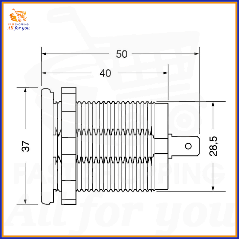 Schema dimensionale della doppia presa USB 12V 24V da pannello con misure 50x37mm.