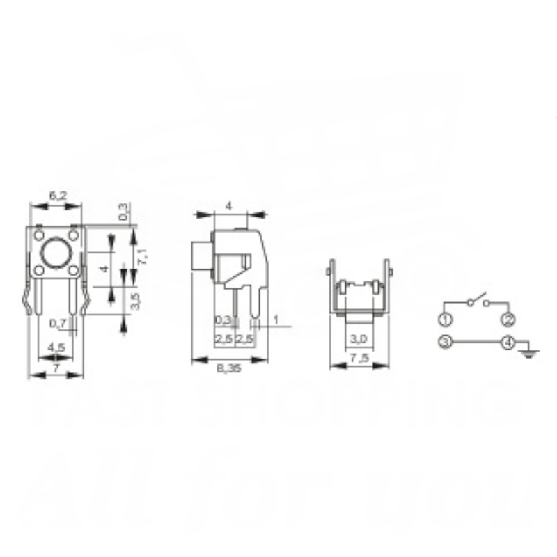 Schema tecnico con dimensioni in millimetri del micropulsante tattile orizzontale 6x6mm a 4 pin per PCB, altezza totale 8.35mm.