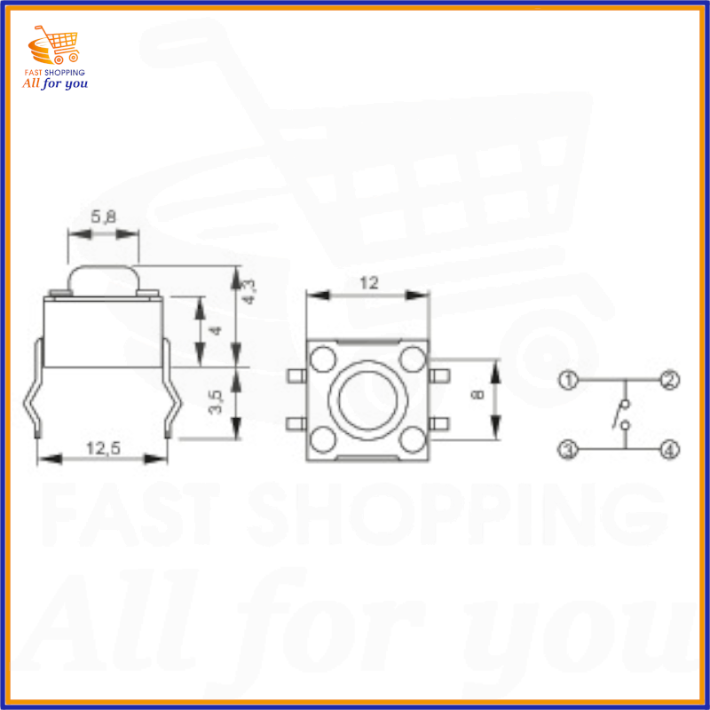 Schema tecnico con dimensioni in millimetri del micropulsante tattile 12x12mm a 4 pin per PCB, altezza totale 4.3mm.