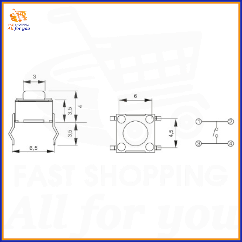 Schema tecnico con dimensioni in millimetri del micropulsante tattile 6x6mm a 4 pin per PCB, altezza totale 4.3mm.