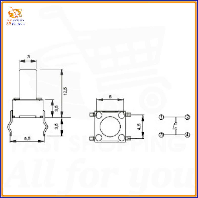 Schema tecnico con dimensioni in millimetri del micropulsante tattile 6x6mm a 4 pin per PCB, altezza totale 12.5mm.