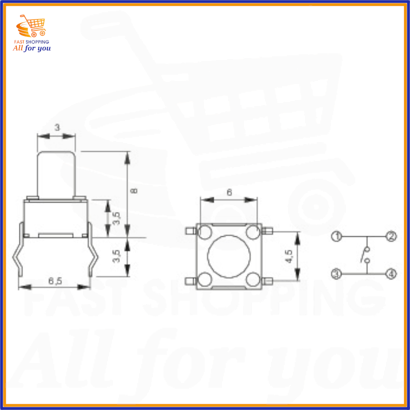 Schema tecnico con dimensioni in millimetri del micropulsante tattile 6x6mm a 4 pin per PCB, altezza totale 8.0mm.
