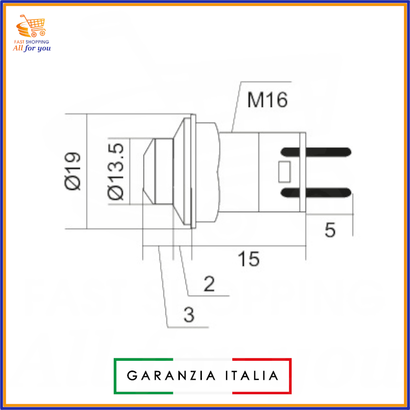 Schema tecnico con dimensioni in millimetri del pulsante rosso normalmente aperto, diametro montaggio M16 (Ø19mm), terminali a saldare.