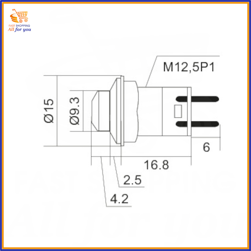 Schema tecnico con dimensioni in millimetri del pulsante rosso normalmente aperto in PVC, diametro montaggio M12.5P1 (Ø15mm), terminali a saldare.
