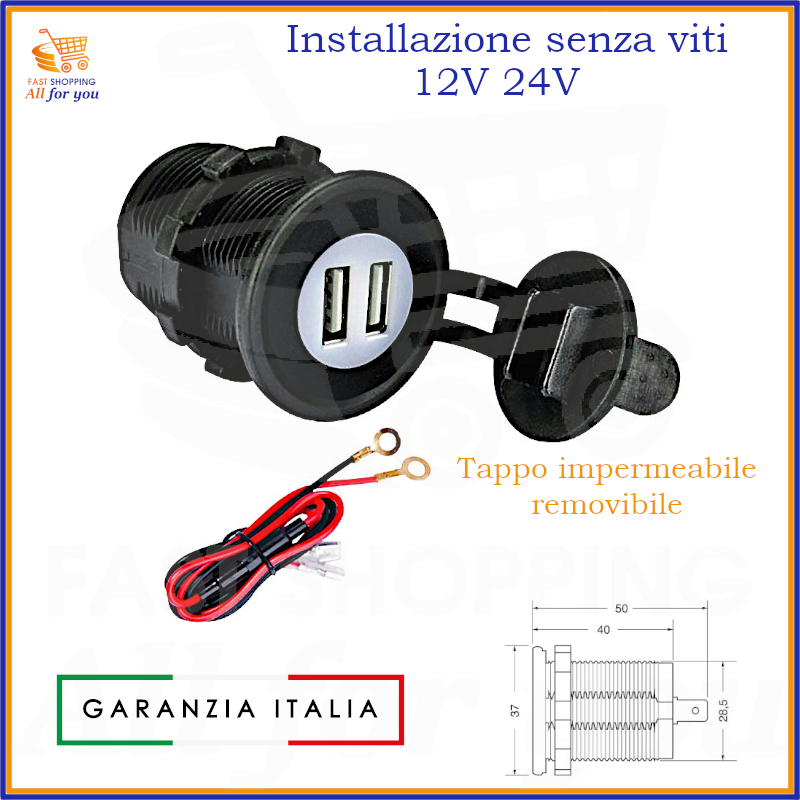 Doppia presa USB da incasso per auto, moto, barca, camper 12V 24V con tappo impermeabile e cavetti.