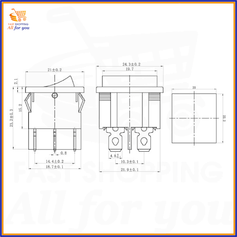 Schema tecnico e dimensioni in mm del doppio deviatore a bilanciere ON-ON bipolare con attacco Faston 4.8mm.