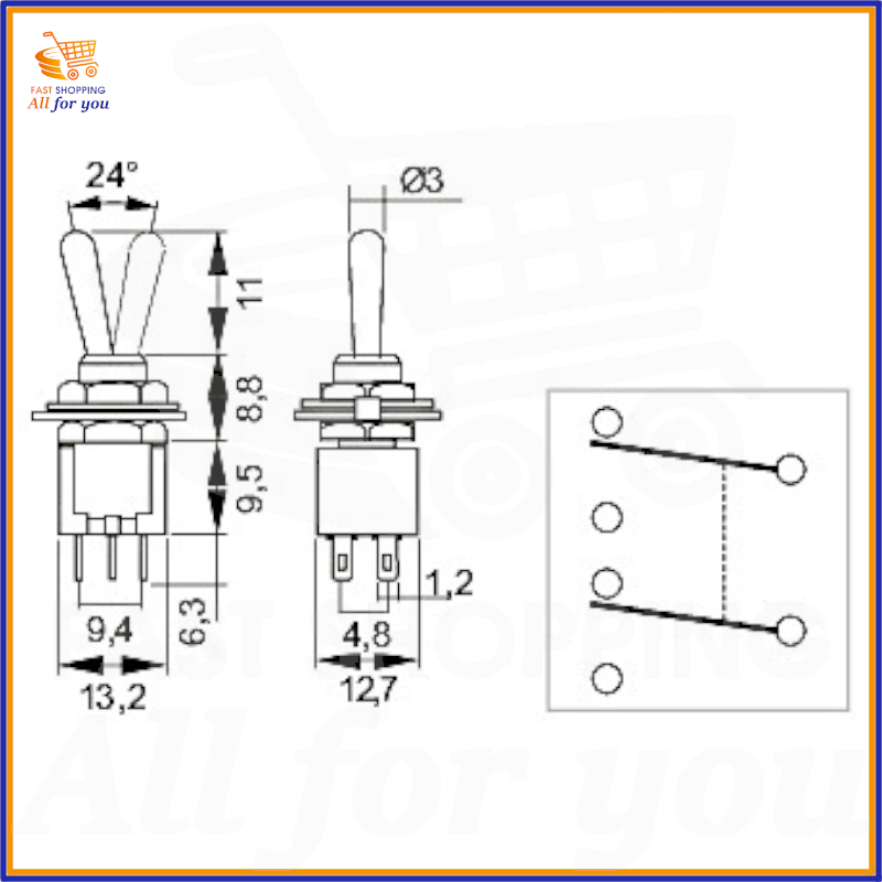 Schema tecnico e dimensioni in mm del micro interruttore doppio deviatore miniatura ON-ON bipolare per circuito stampato.
