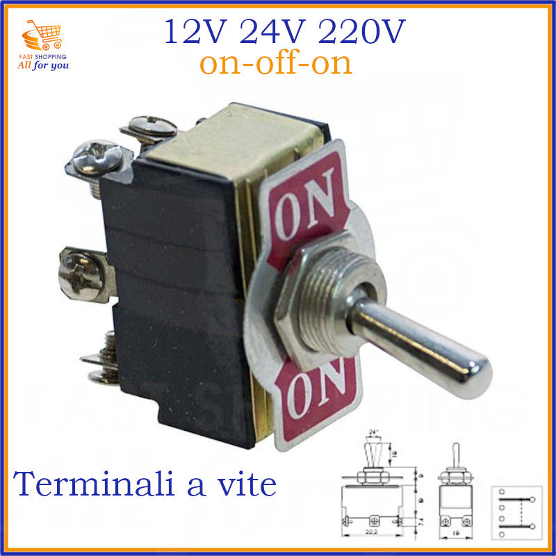 Doppio deviatore a leva ON-OFF-ON bipolare con terminali a vite, per circuiti 12V 24V 220V 15A.