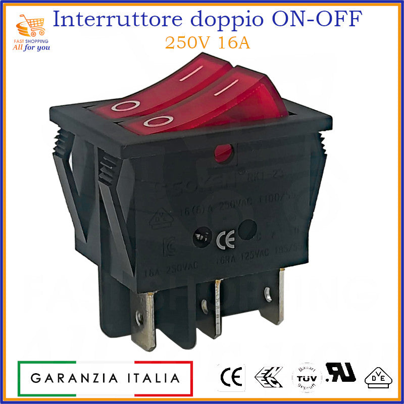 Doppio interruttore a bilanciere luminoso rosso ON-OFF bipolare con terminali Faston 6.3mm, 16A 250V, per pannello.