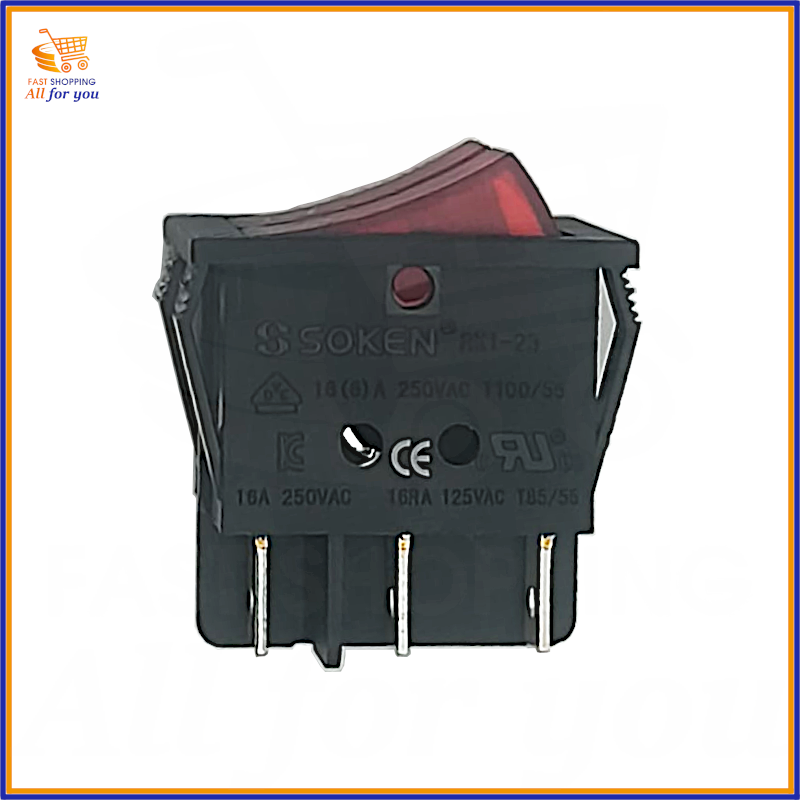 Dettaglio testo tecnico e certificazioni (CE, TUV, UL) sul corpo del doppio interruttore a bilanciere luminoso rosso 16A 250V.
