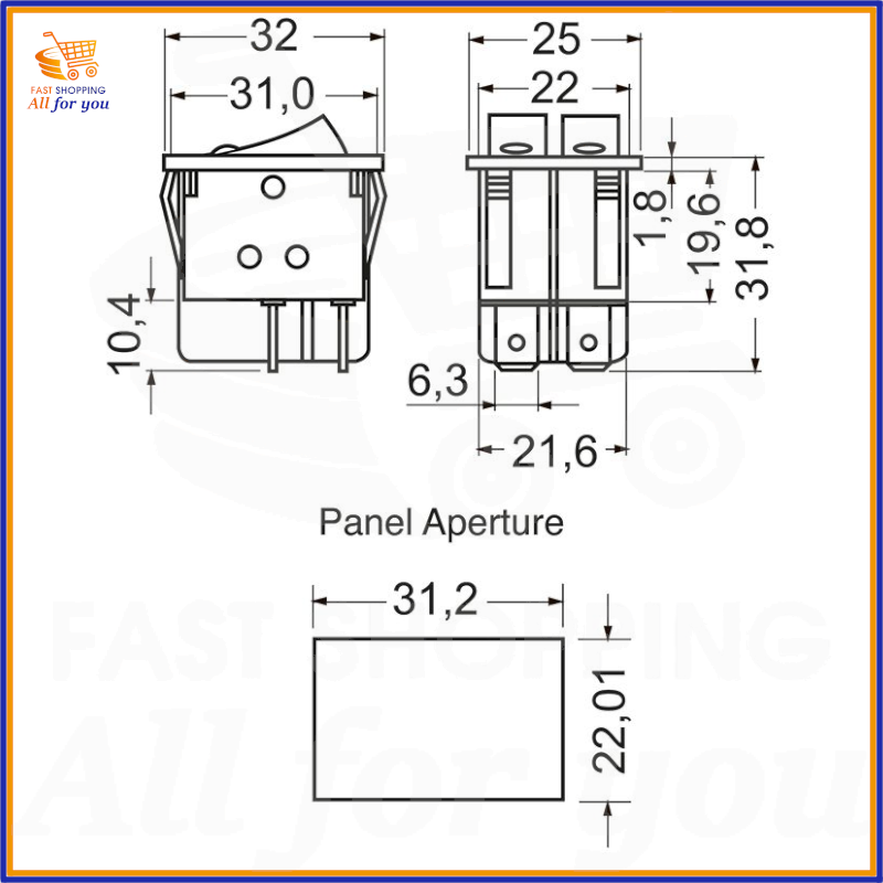 Schema tecnico e dimensioni in mm del doppio interruttore a bilanciere luminoso rosso ON-OFF 16A con attacco Faston 6.3mm e apertura pannello.