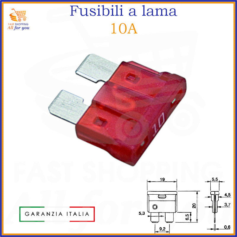 Fusibile a lama 10A rosso per auto, moto e camper – formato 19mm con terminali metallici