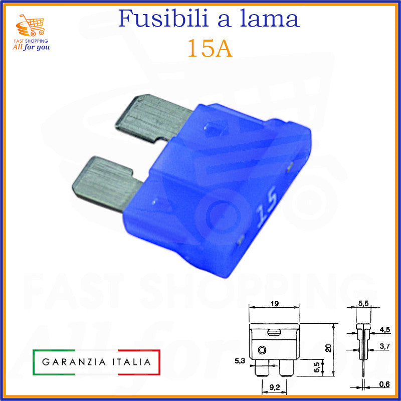 Fusibile a lama 15A blu da 19mm per auto, moto e camper – formato standard con terminali metallici