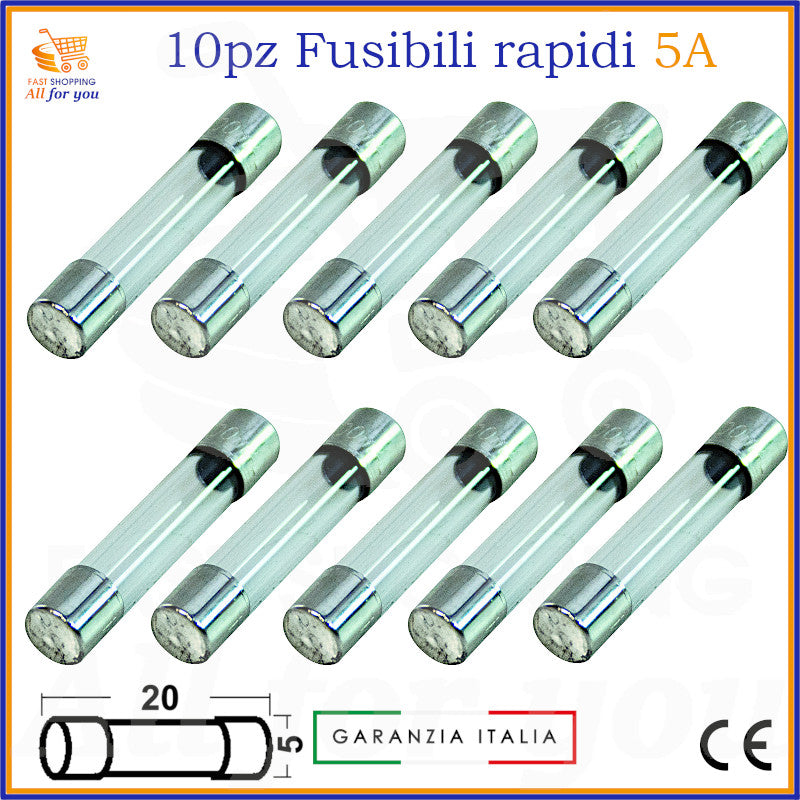 Set da 10 fusibili rapidi 5x20mm in vetro 5A 250V per circuiti elettronici