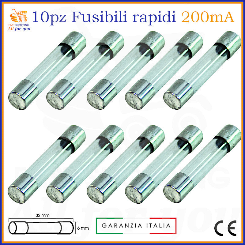 10 fusibili rapidi in vetro 6x32mm 0.2A 250V tipo F per protezione elettronica