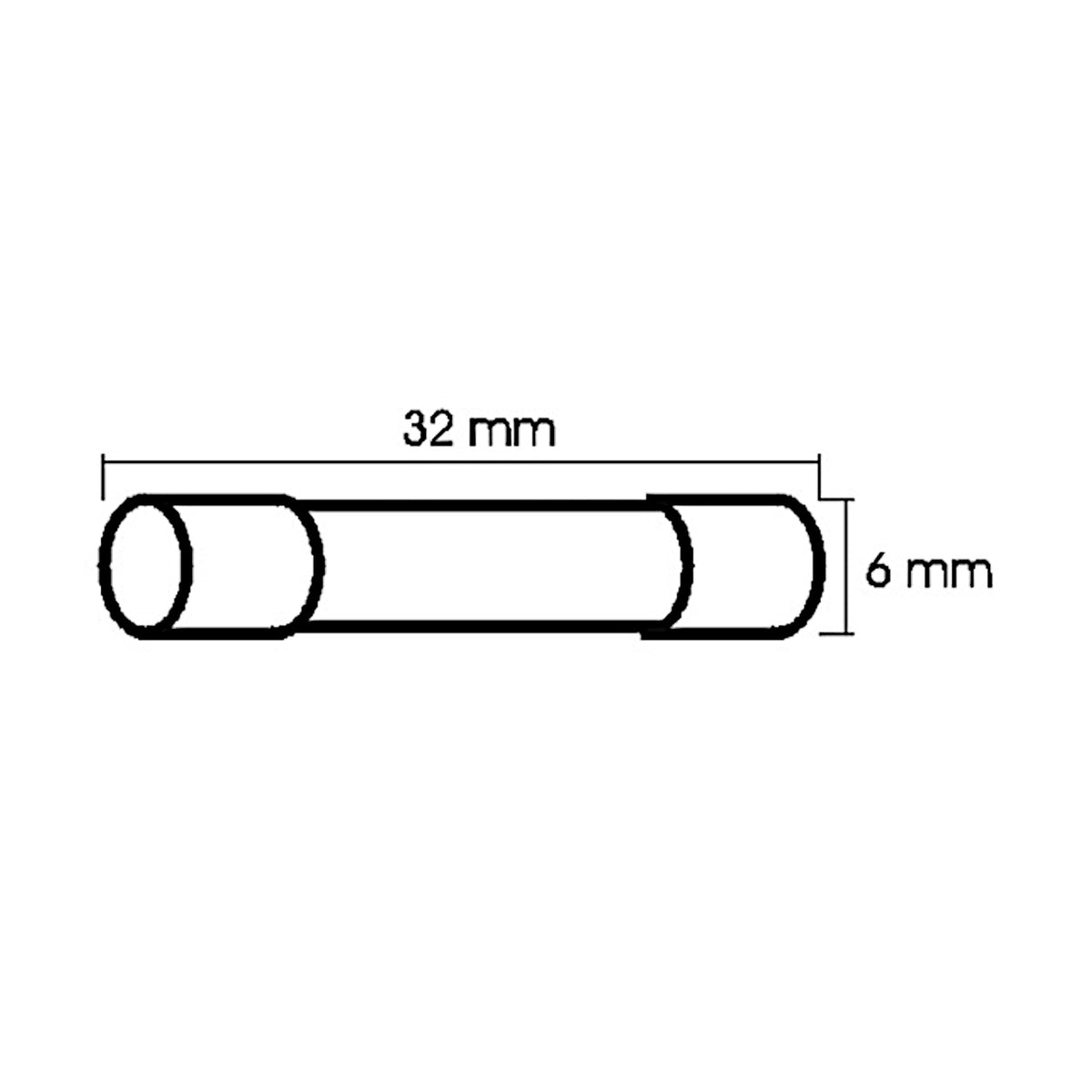 Schema tecnico quotato con dimensioni fisiche di lunghezza 32mm e diametro 6mm per fusibile in vetro