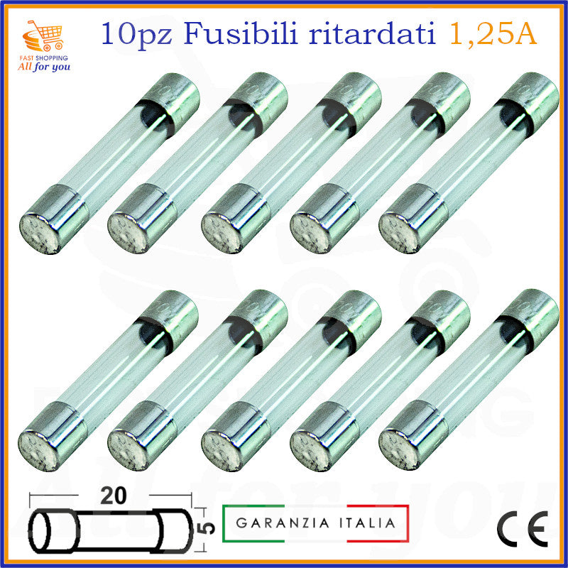 10 fusibili ritardati in vetro 5x20mm 1,25A 250V tipo T per protezione elettronica