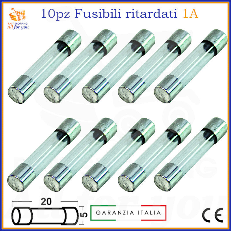 10 fusibili ritardati in vetro 5x20mm 1A 250V tipo T per protezione elettronica