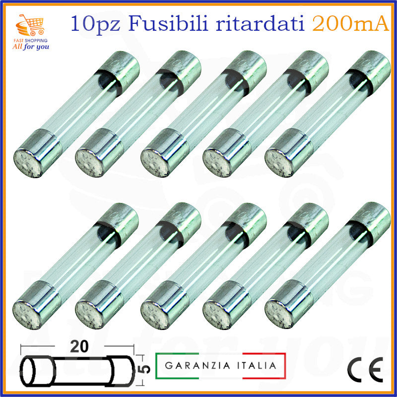 10 fusibili ritardati in vetro 5x20mm da 200mA 250V cilindrici tipo T con terminali metallici