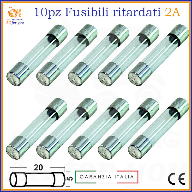 10 fusibili ritardati in vetro 5x20mm 2A 250V tipo T per protezione circuiti elettronici