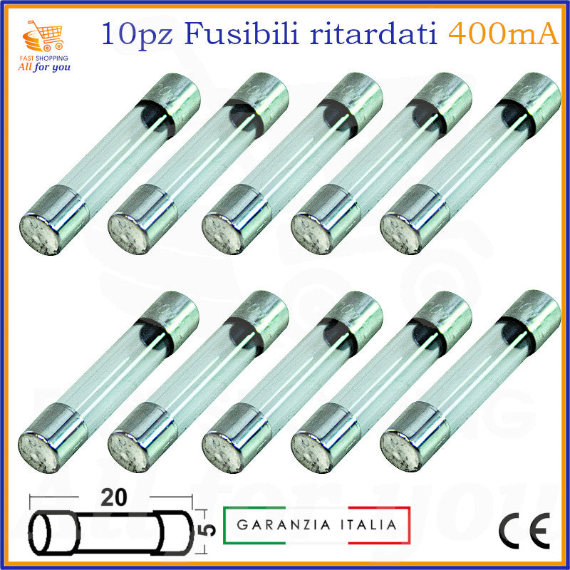 10 fusibili in vetro ritardati 5x20mm 400mA 250V tipo T con terminali in metallo