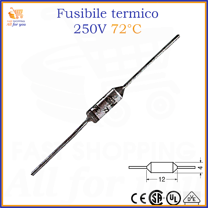 Fusibile termico 72°C 250V 10A Ø4x12mm per protezione trasformatori e circuiti