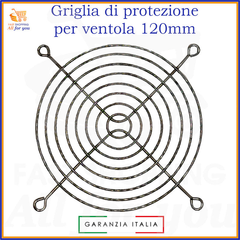 Griglia di protezione circolare in alluminio nichelato per ventola 120x120mm, con quattro punti di fissaggio, per sicurezza e prevenzione infortuni.