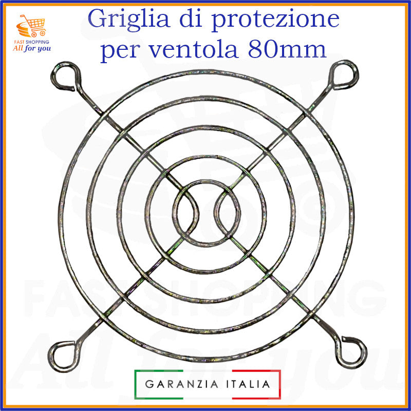 Griglia di protezione circolare in alluminio nichelato per ventola 80x80mm, con quattro punti di fissaggio, per sicurezza e prevenzione infortuni.