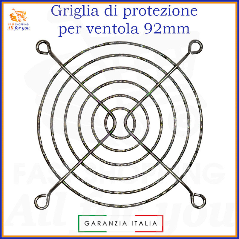 Griglia di protezione circolare in alluminio nichelato per ventola 92x92mm, con quattro punti di fissaggio, per sicurezza e prevenzione infortuni.