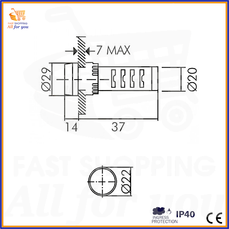 Schema tecnico con dimensioni per l'indicatore LED buzzer rosso da pannello, che mostra diametro 29mm, foro incasso 22mm e lunghezza 51mm.