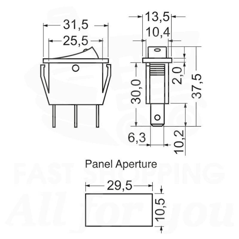 Schema tecnico e dimensioni in mm dell'interruttore a bilanciere luminoso verde ON-OFF 16A con attacco Faston 6.3mm e apertura pannello.