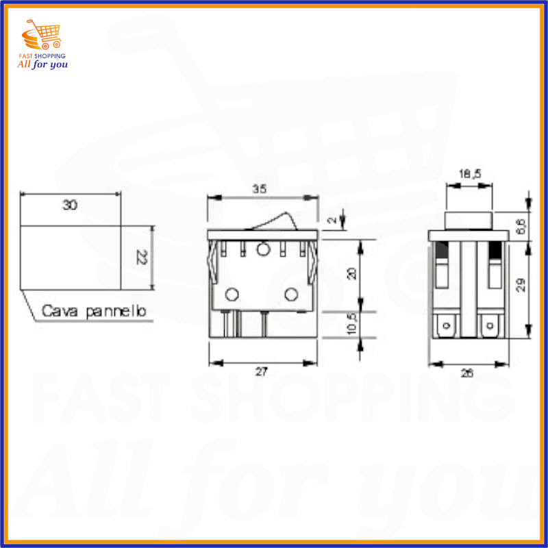 Schema tecnico e dimensioni in mm dell'interruttore a bilanciere instabile ON-OFF 16A con attacco Faston 6.3mm.