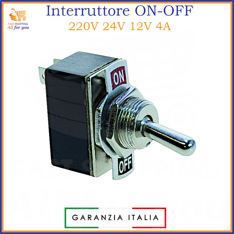 Interruttore a levetta ON-OFF unipolare con terminali a saldare, 4A 125Vac (2A 250Vac). Compatibile con 12V, 24V, 220V.