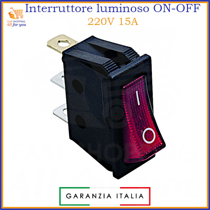 Interruttore luminoso a bilanciere ON-OFF, colore rosso, unipolare, 15A 250Vac. Ideale per 220V, 230V, 250V