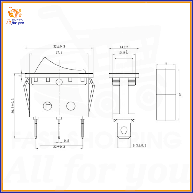 Schema tecnico e dimensioni in mm dell'interruttore a bilanciere luminoso rosso ON-OFF 15A con attacco Faston 6.3mm.