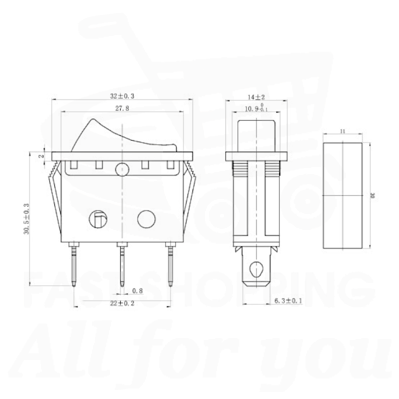 Schema tecnico e dimensioni in mm dell'interruttore a bilanciere luminoso rosso ON-OFF 15A con attacco Faston 6.3mm.