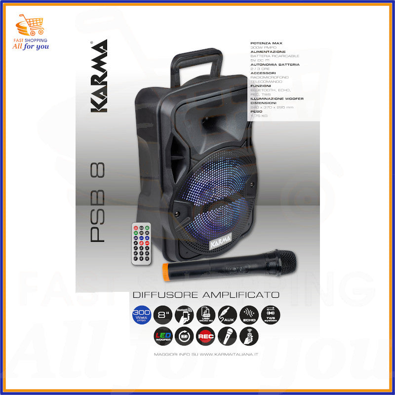 Cassa amplificata Karma PSB 8 con microfono e telecomando in evidenza.