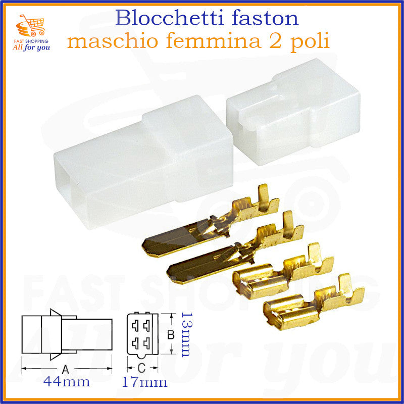 Kit completo di blocchetti connettori faston maschio e femmina 2 poli per cablaggi elettrici.