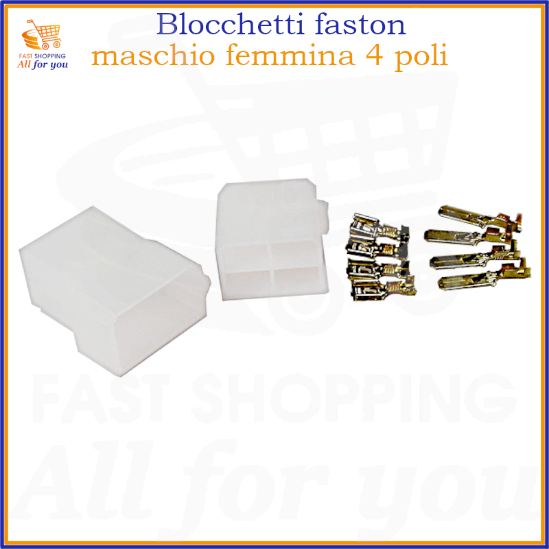 Kit completo di blocchetti connettori faston 4 poli maschio e femmina per cablaggi elettrici.