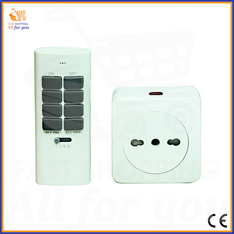 Kit presa wireless LIFE da 2000W con radiocomando a 12 canali, entrambi di colore bianco. Mostra il design della presa e del telecomando.