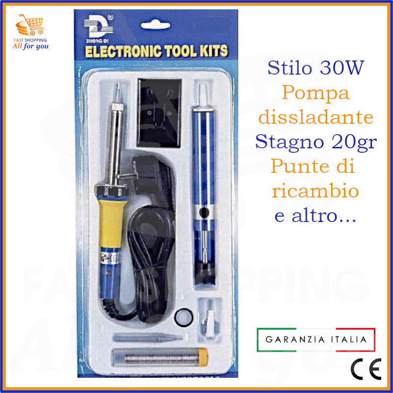 Kit per saldatura e dissaldatura con saldatore a stilo 30W, pompa dissaldante, stagno, punte e supporto.