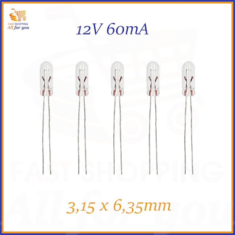 Confezione da 5 lampadine miniature a 12V 60mA, dimensioni 3.15x6.35mm, ideali per autoradio e presepi.