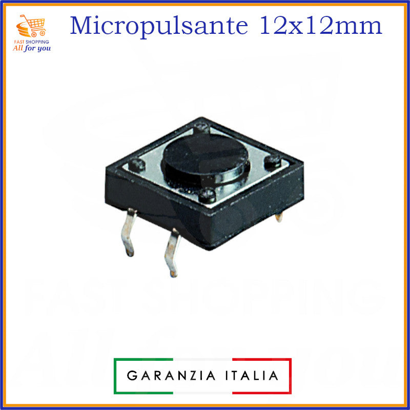 Micropulsante tattile grigio scuro 12x12mm con 4 pin per montaggio PCB, altezza 4.3mm, 12V 50mA.