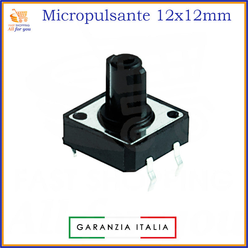 Micropulsante tattile grigio scuro 12x12mm con 4 pin per montaggio PCB, altezza 11.6mm, 12V 50mA.