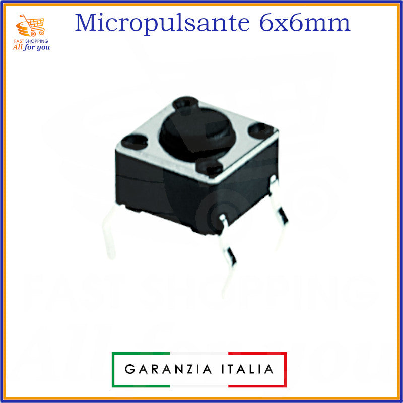 Micropulsante tattile grigio scuro 6x6mm con 4 pin per montaggio PCB, altezza 4.3mm, 12V 50mA.